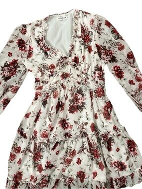 Lashbair Women's White Floral Ruffle Tiered Dress - Burgundy Rose Print